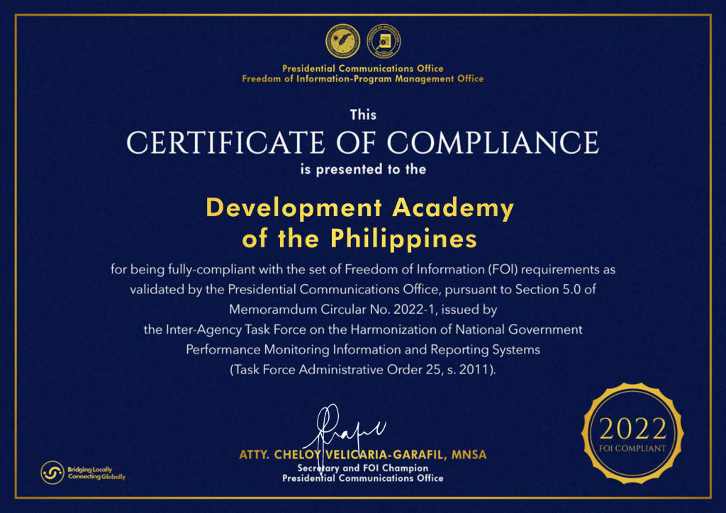 DAP receives FOI Certificate of Compliance | Development Academy of the ...